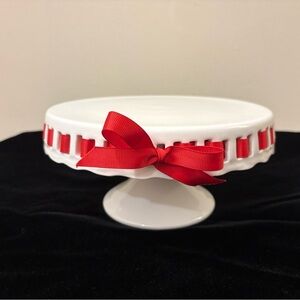 Pedestal White Cake Stand with Red Ribbon